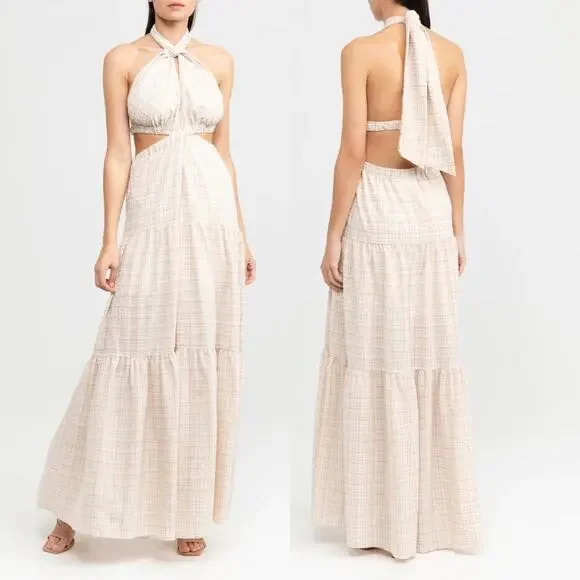 NWT Significant Other Clementine Cutout Gingham Plaid Maxi Dress Almond Chalk 8 - Picture 2 of 15